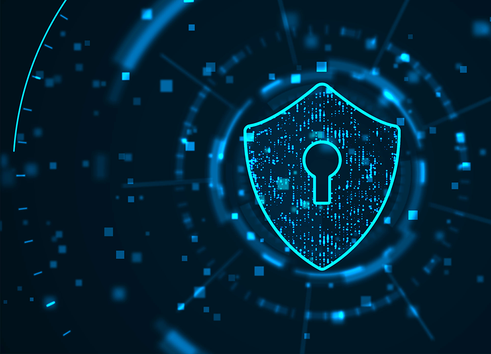 Escudo digital cyan que representa la protección de información